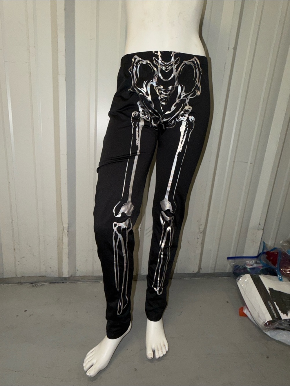 Spirit Halloween Black leggings with Silver Skeleton Print